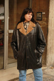 Vintage Men’s dark brown leather coat with tan shearling collar (L/XL)