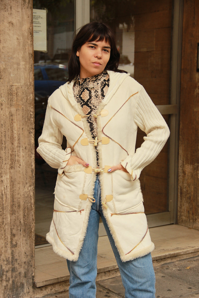 Vintage cream shearling lined coat with knit back & sleeves (M)