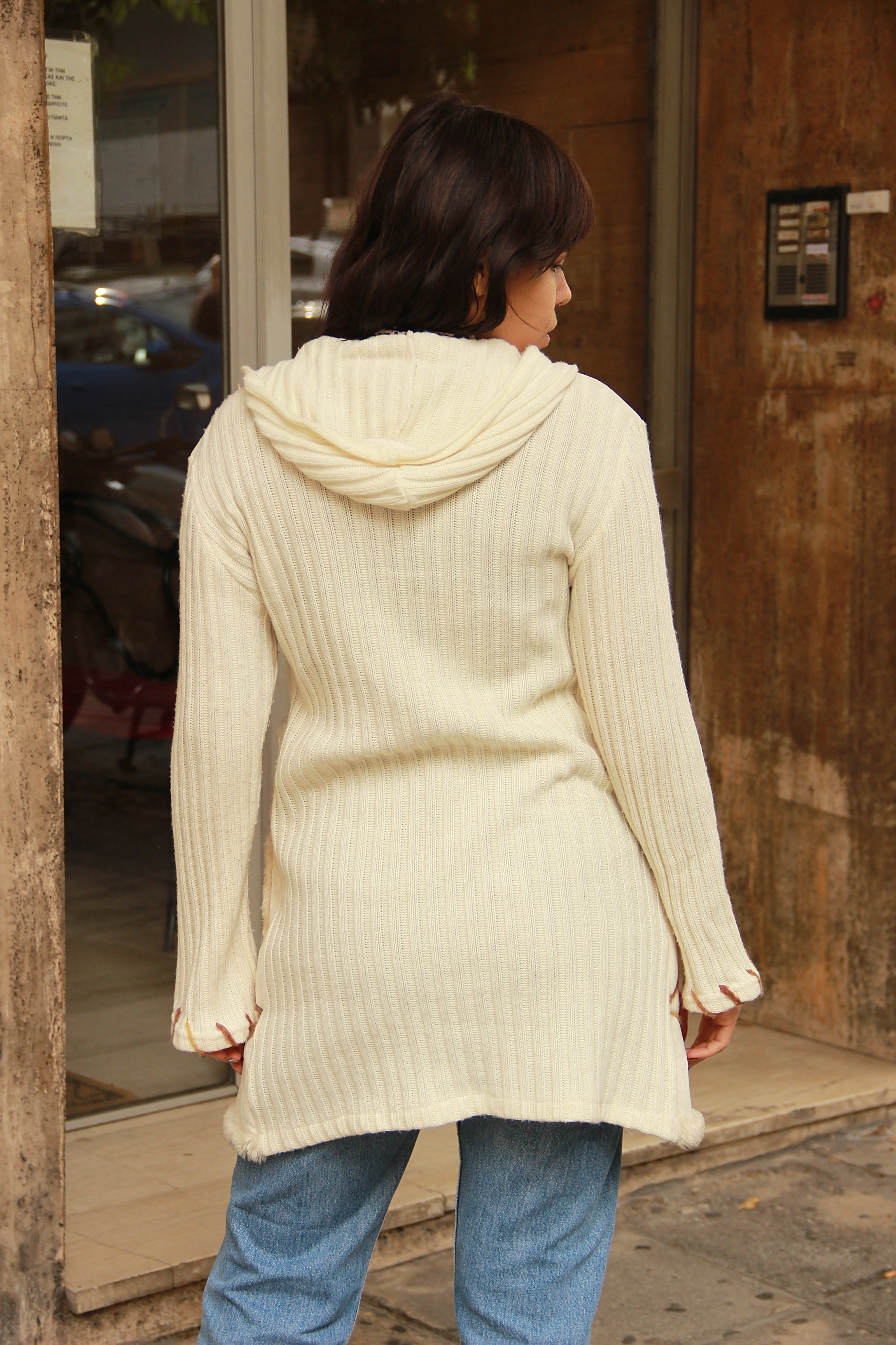 Vintage cream shearling lined coat with knit back & sleeves (M)