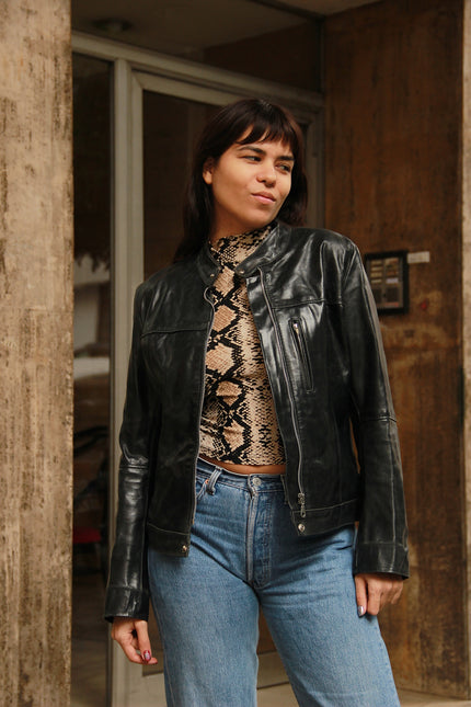 Vintage black leather biker jacket (S/M)