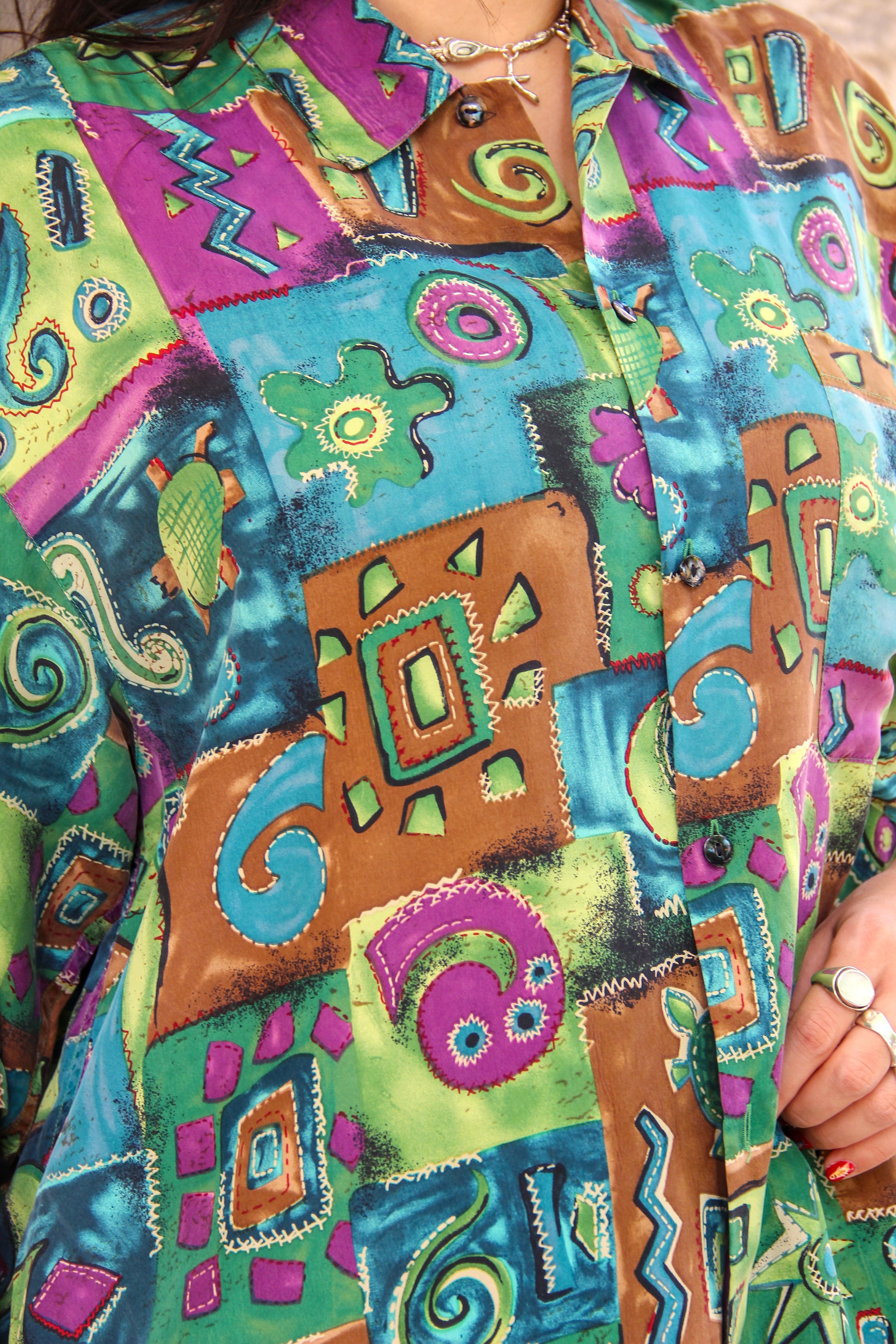 Vintage men's silk funky patterned shirt (L)