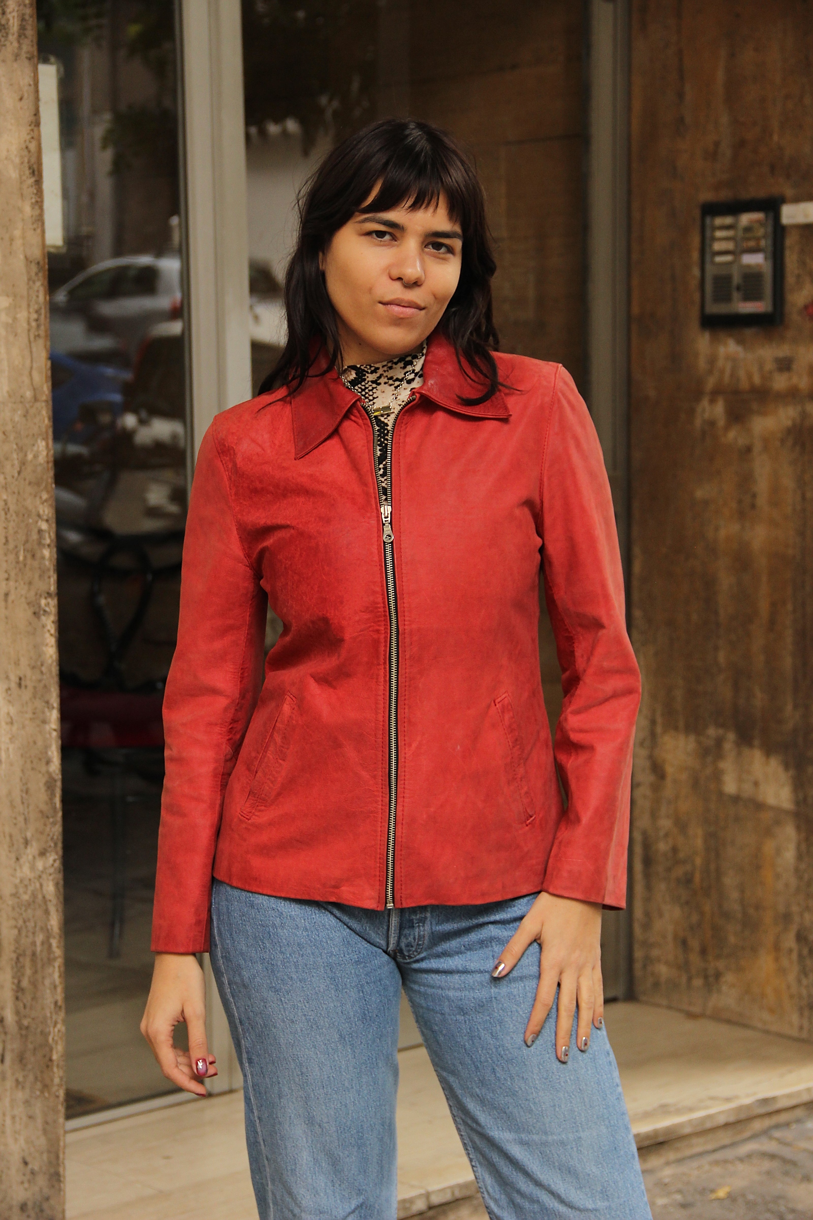 Vintage red genuine leather jacket (S/M)