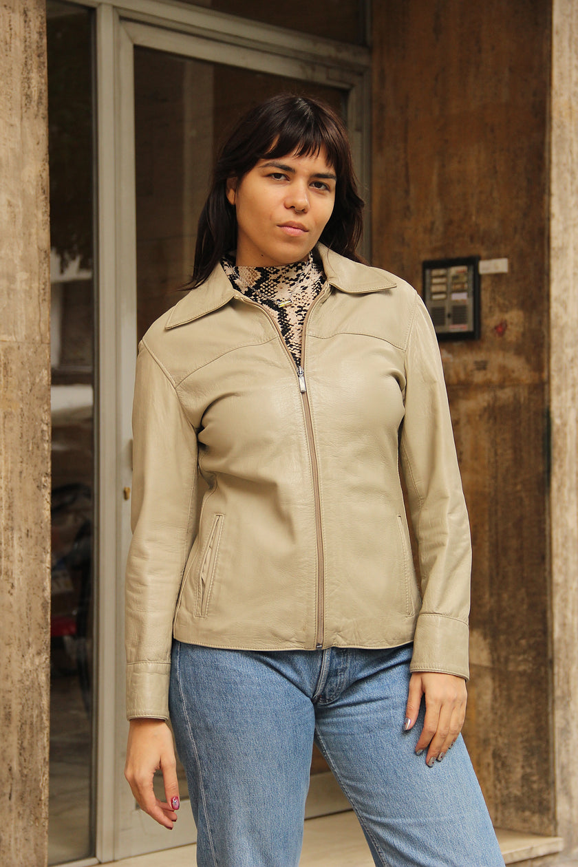 Vintage zip up genuine leather jacket (M)