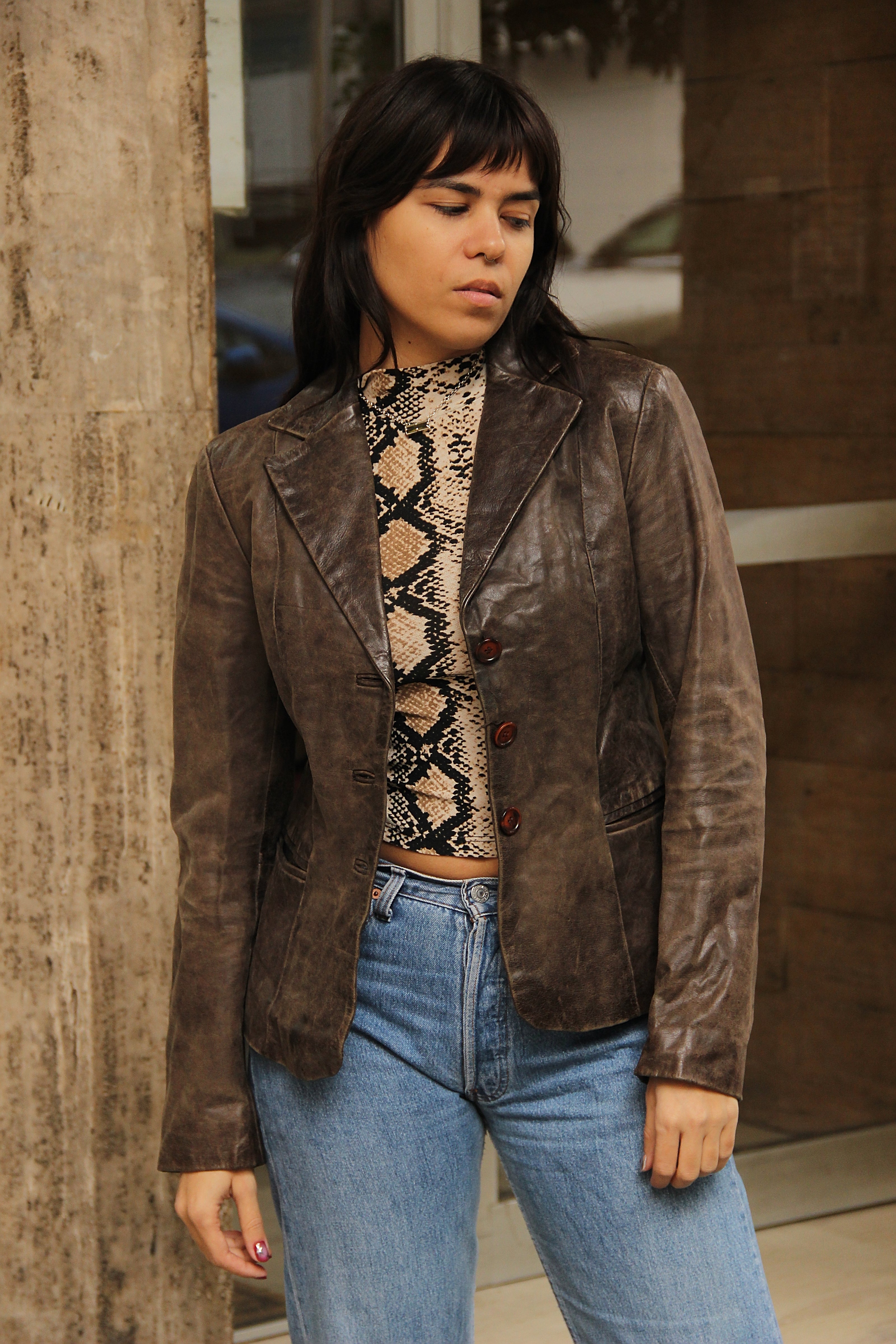 Vintage dark brown genuine leather blazer (M)