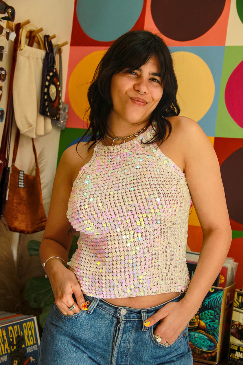 Stunning Y2K  sparkling  crochet sequin top (S/M) (NEW WITH TAGS)