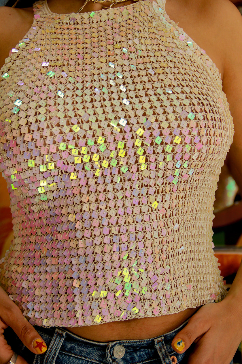 Stunning Y2K  sparkling  crochet sequin top (S/M) (NEW WITH TAGS)