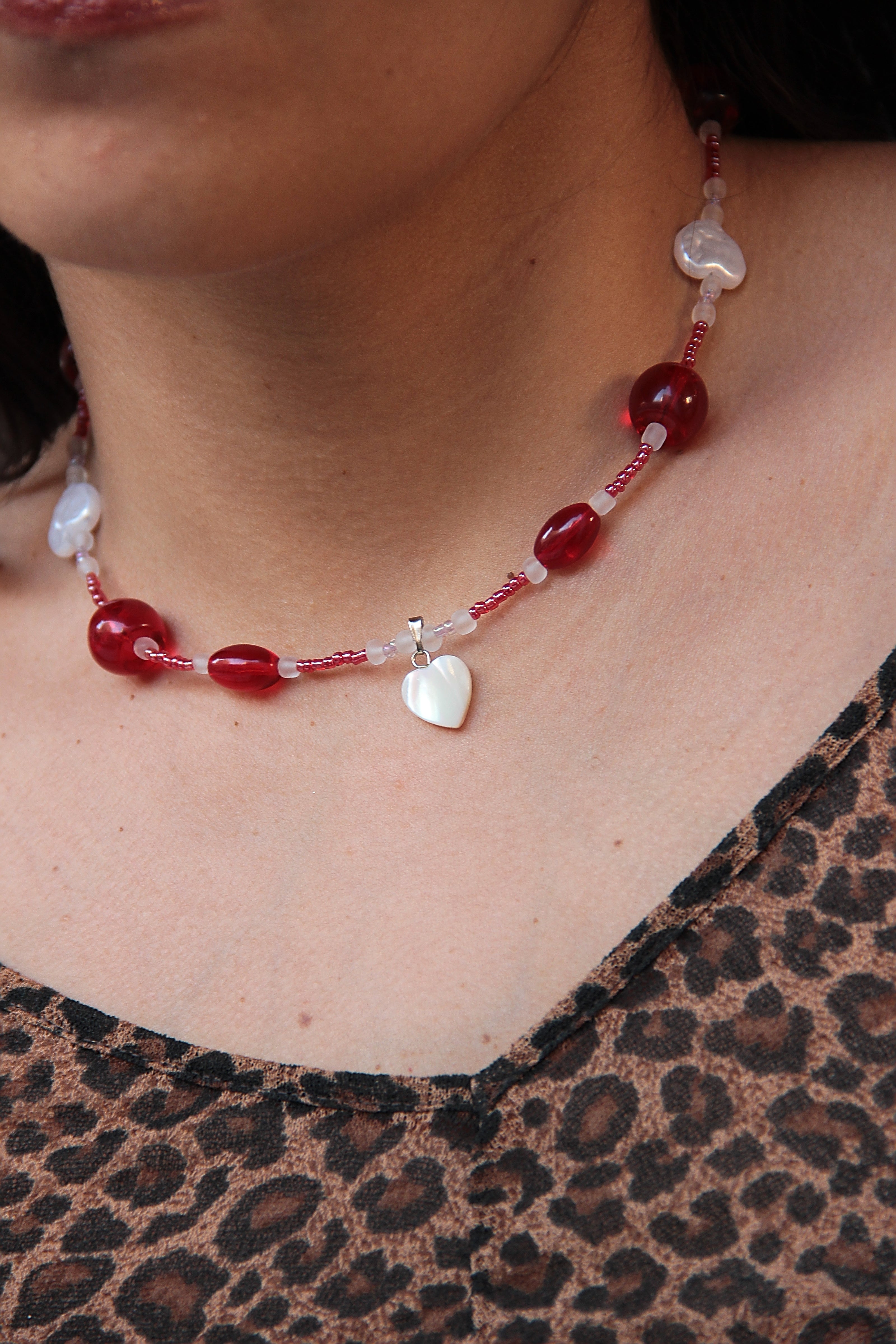 Handmade bead necklace with pearl heart