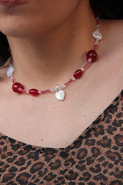 Handmade bead necklace with pearl heart