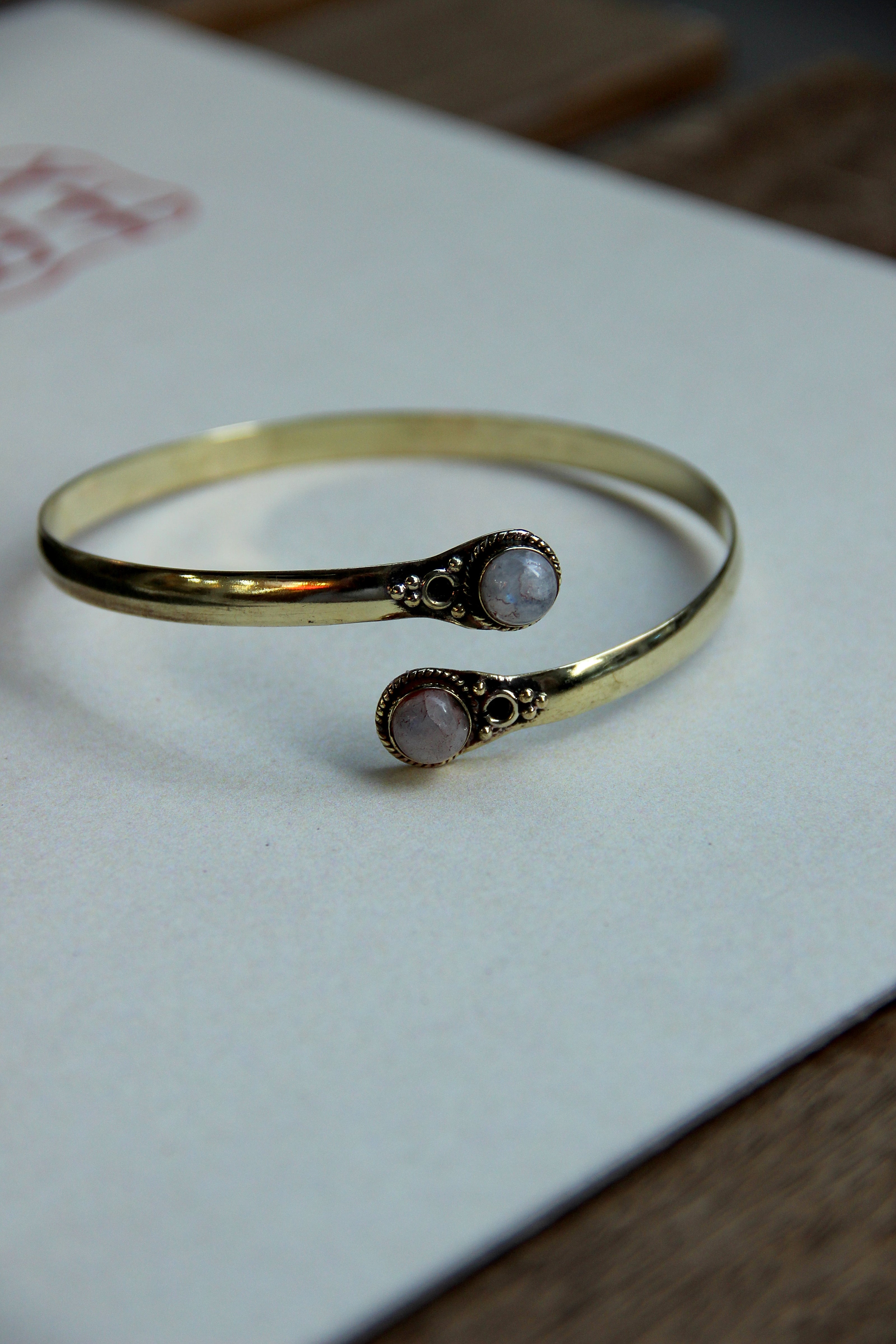 Stunning gold toned brass cuff bracelet (white stones)