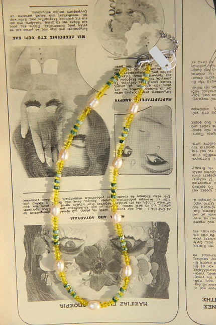 Handmade beaded necklace with natural pearls, glass & green spot jasper
