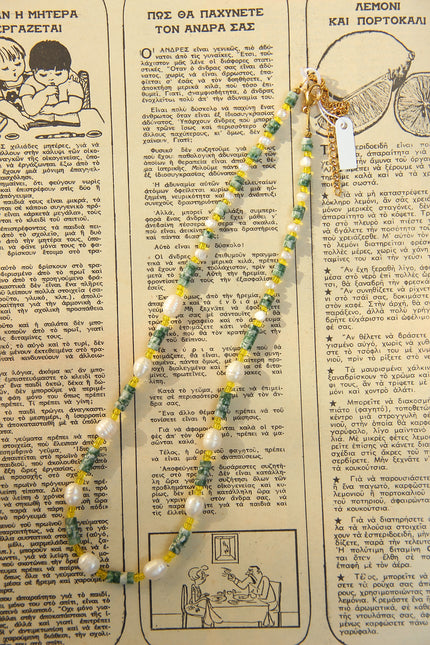 Beautiful handmade necklace with natural pearls, green spot jasper & glass beads