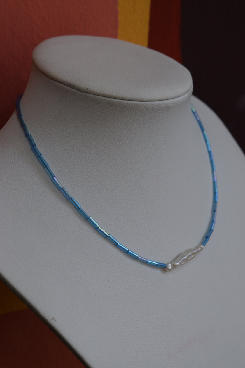 Handmade Natural Freshwater Pearl & Blue Glass Bead Necklace
