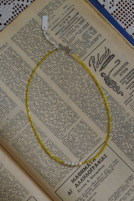 Handmade Natural Freshwater Pearl & Yellow Glass Bead Necklace
