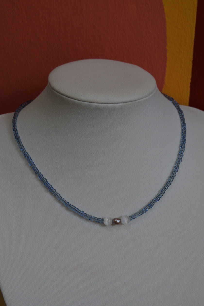 Handmade Natural Freshwater Pearl & Selenite & Blue Glass Bead Necklace
