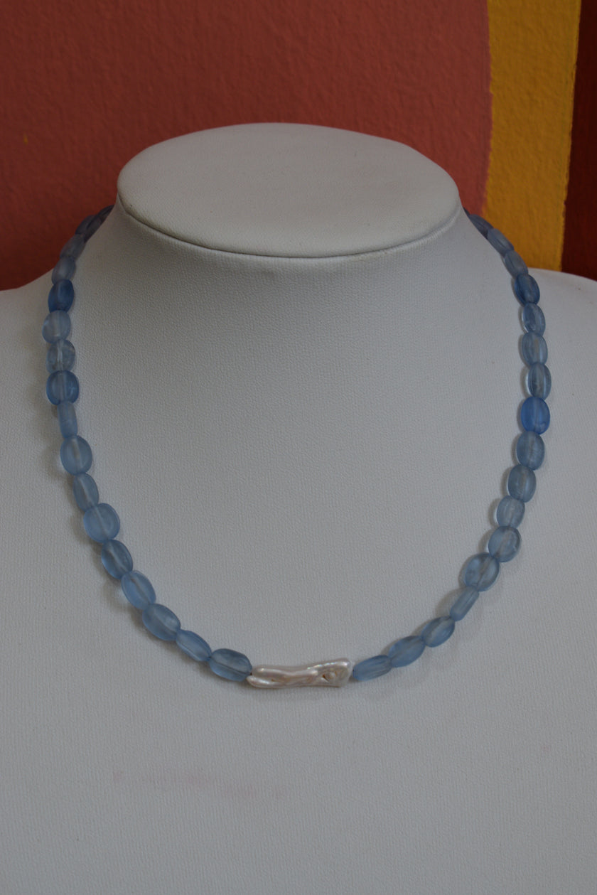 Handmade Natural Freshwater Pearl & Blue Glass Bead Necklace