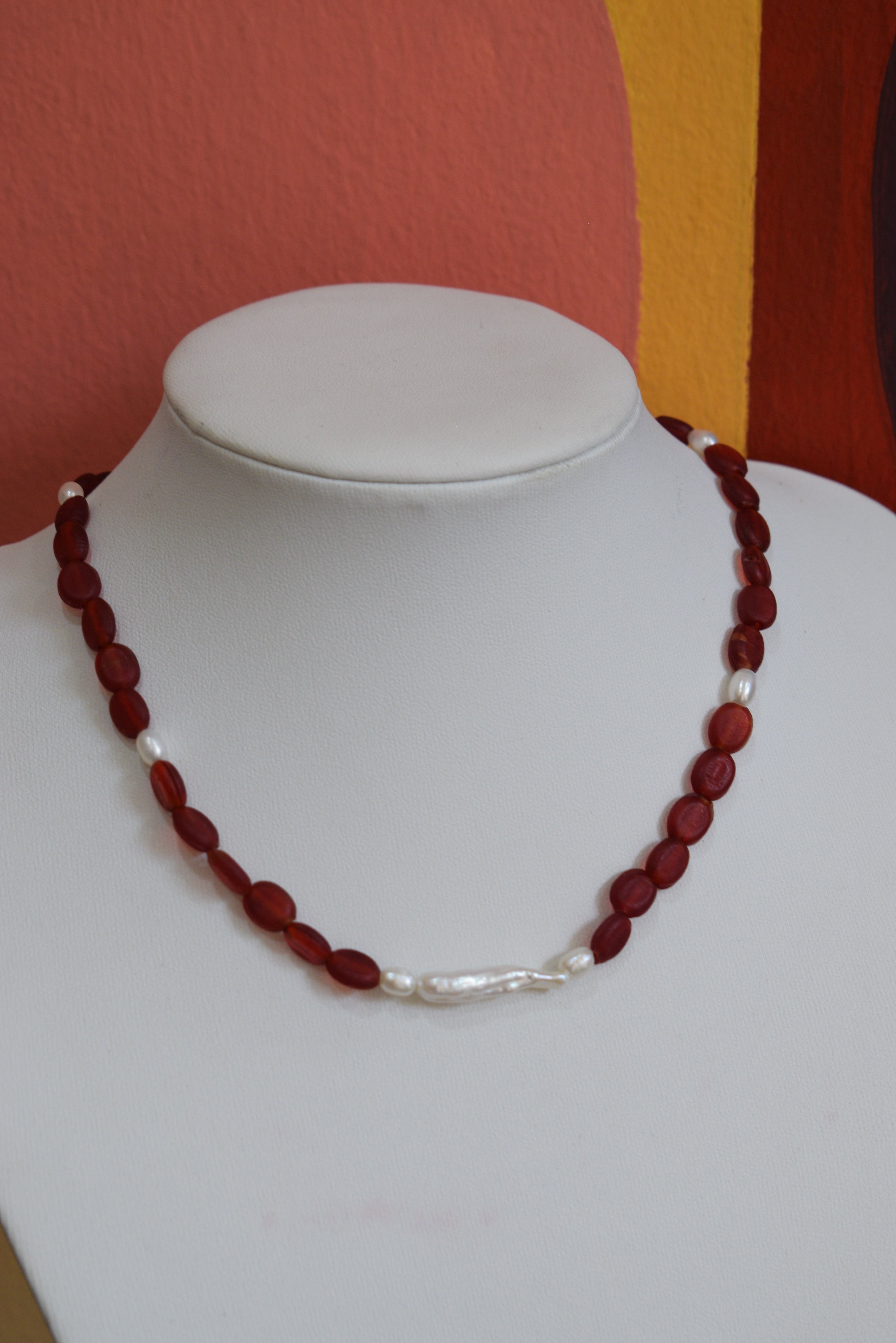 Handmade Natural Freshwater Pearl & Red Glass Bead Necklace