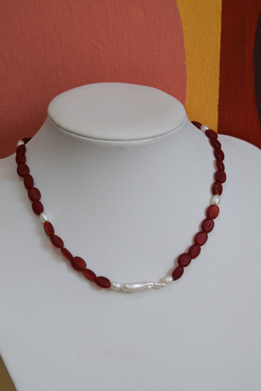 Handmade Natural Freshwater Pearl & Red Glass Bead Necklace
