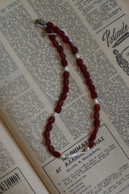 Handmade Natural Freshwater Pearl & Red Glass Bead Necklace