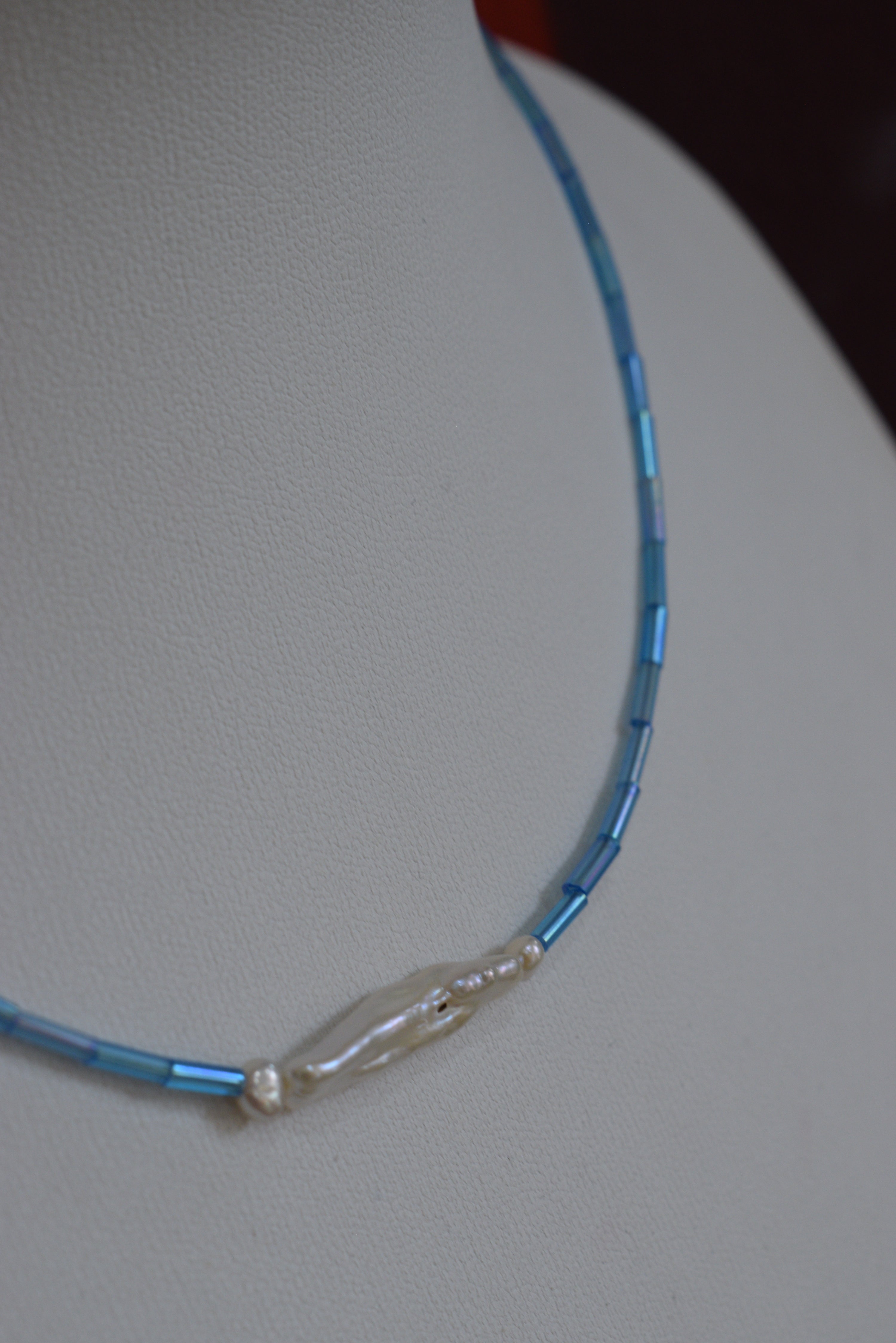 Handmade Natural Freshwater Pearl & Blue Glass Bead Necklace