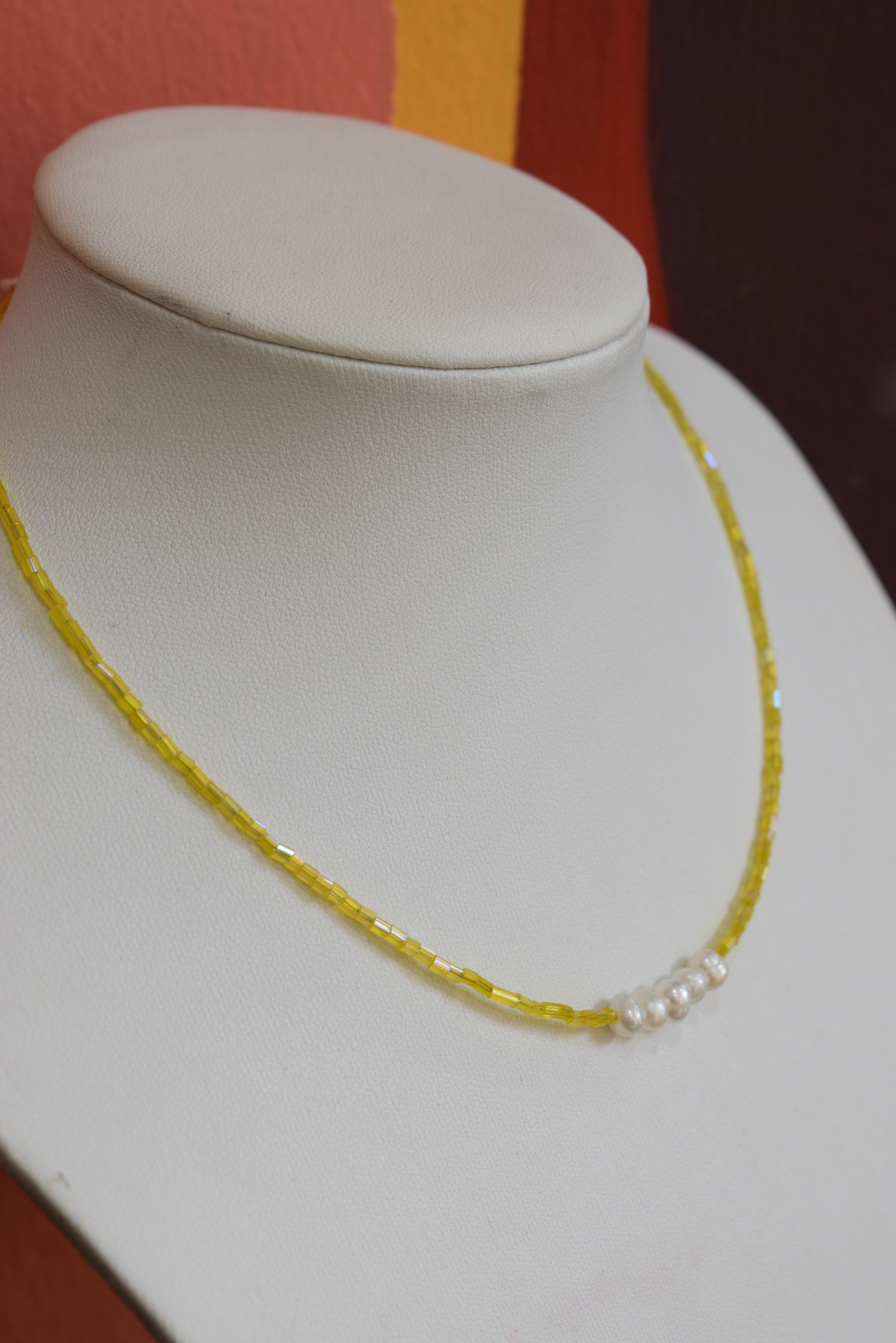 Handmade Natural Freshwater Pearl & Yellow Glass Bead Necklace