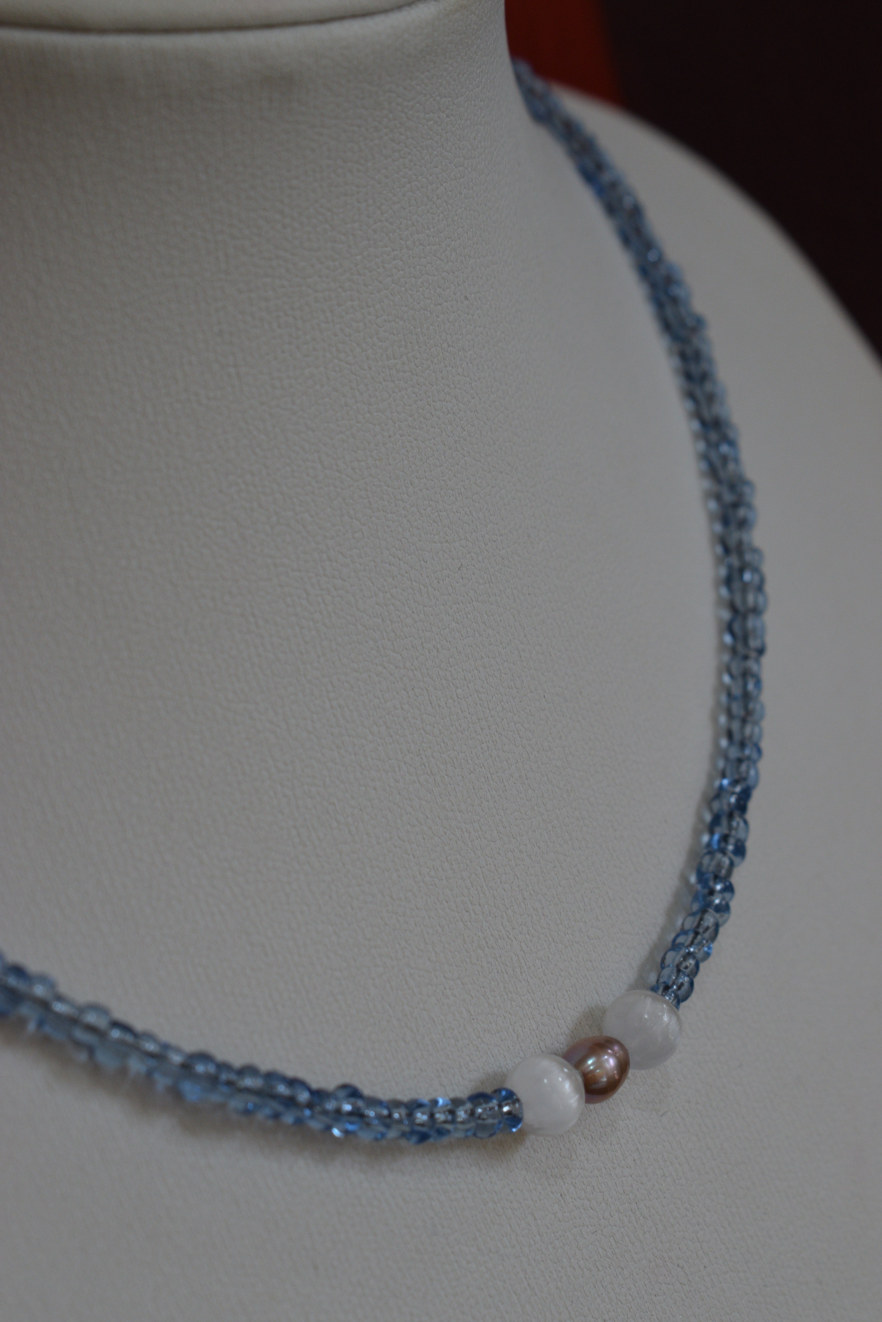Handmade Natural Freshwater Pearl & Selenite & Blue Glass Bead Necklace