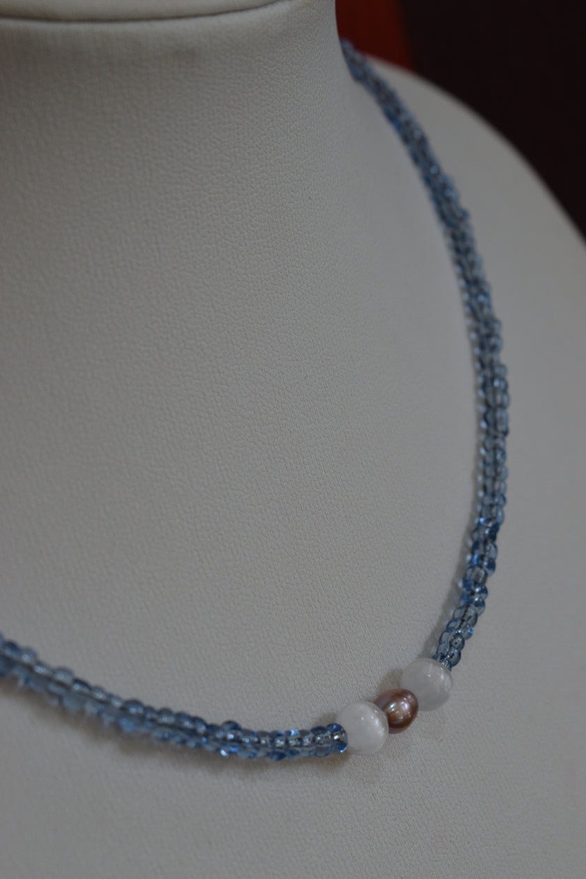 Handmade Natural Freshwater Pearl & Selenite & Blue Glass Bead Necklace