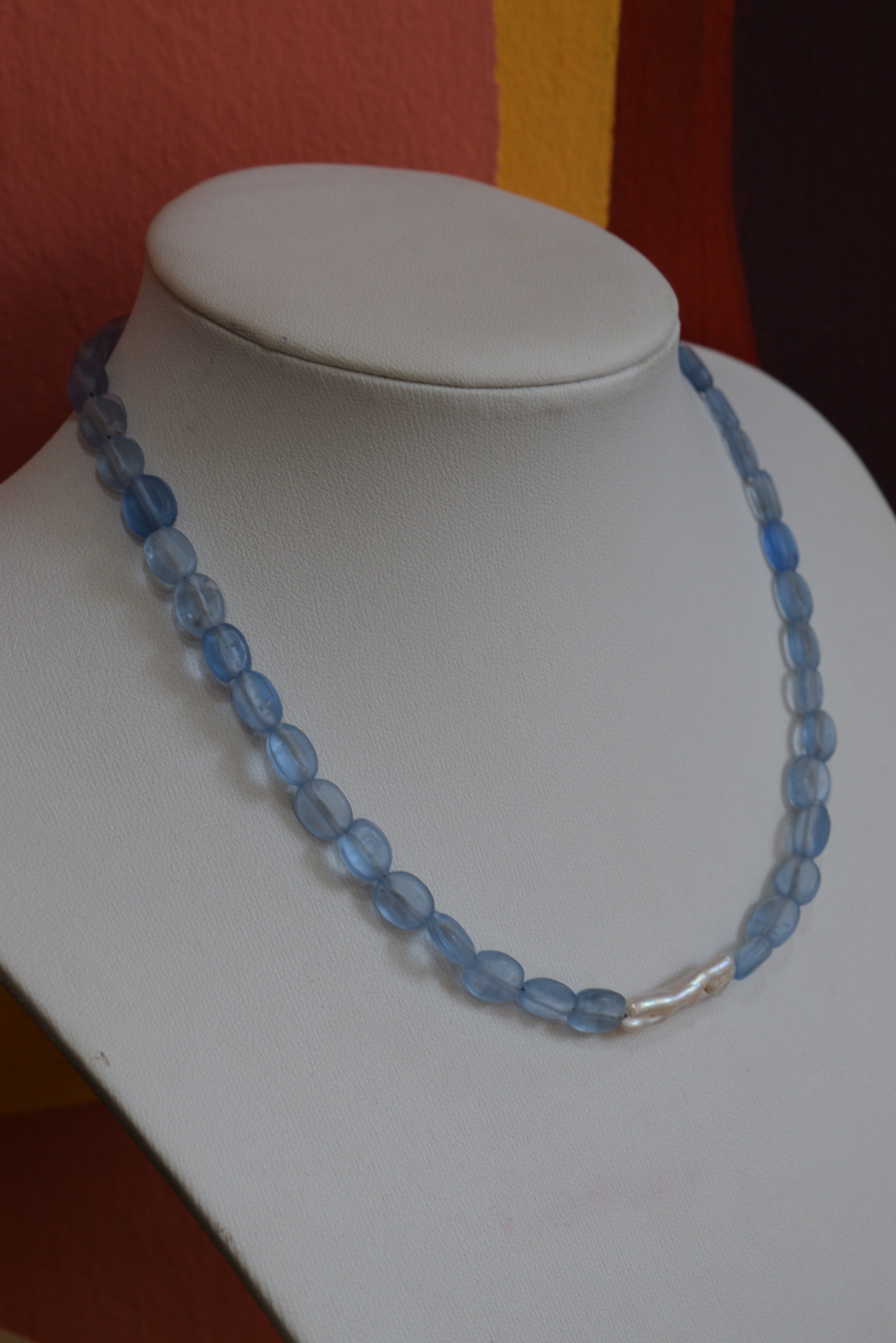 Handmade Natural Freshwater Pearl & Blue Glass Bead Necklace