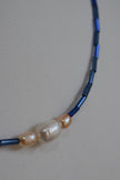 Handmade Natural Freshwater Pearl & Blue Glass Bead Necklace