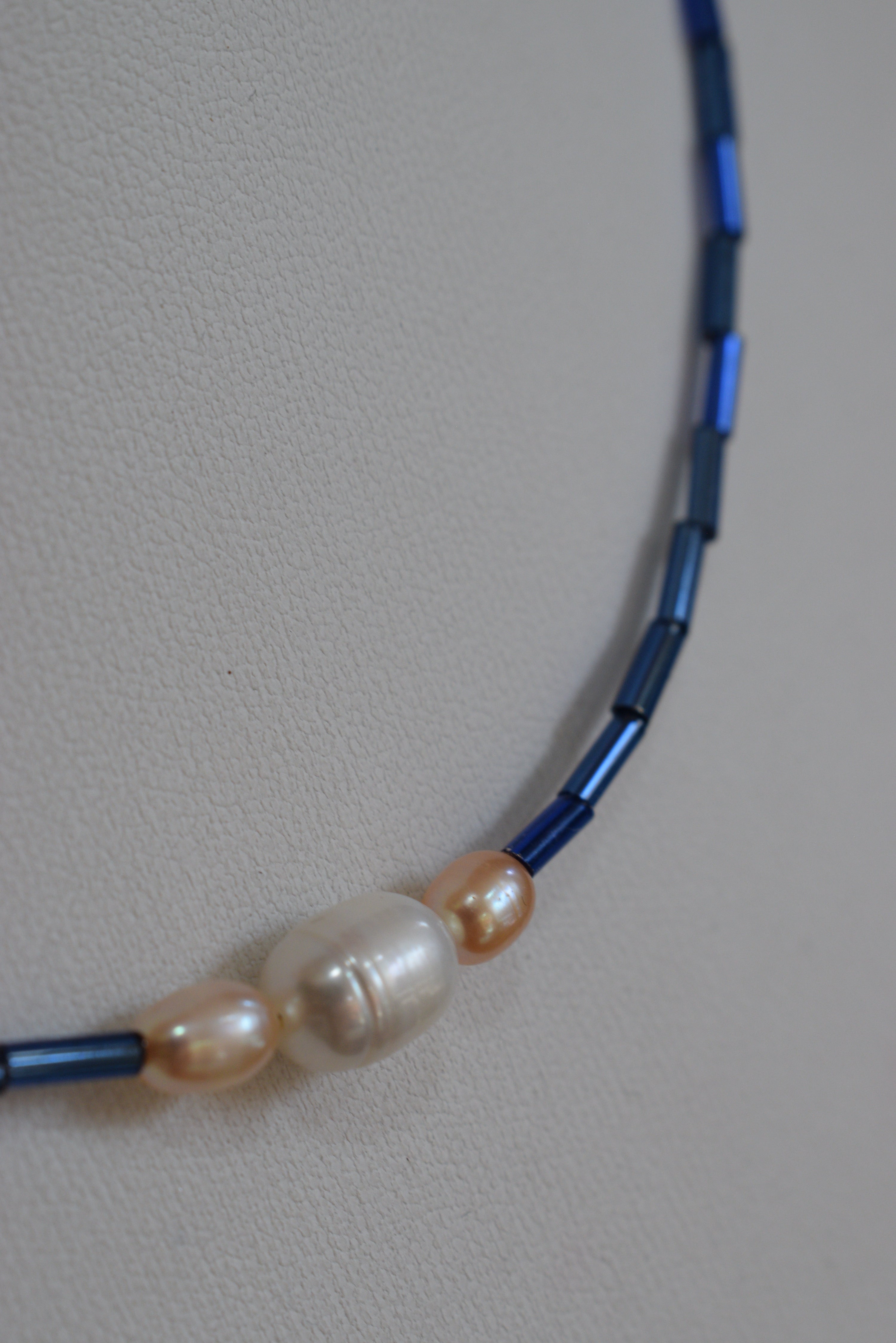 Handmade Natural Freshwater Pearl & Blue Glass Bead Necklace