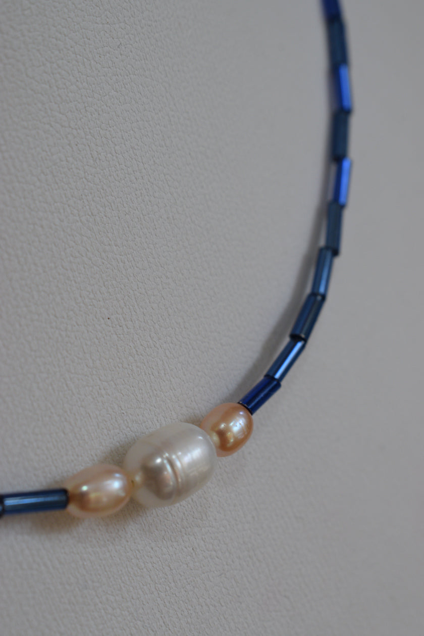 Handmade Natural Freshwater Pearl & Blue Glass Bead Necklace