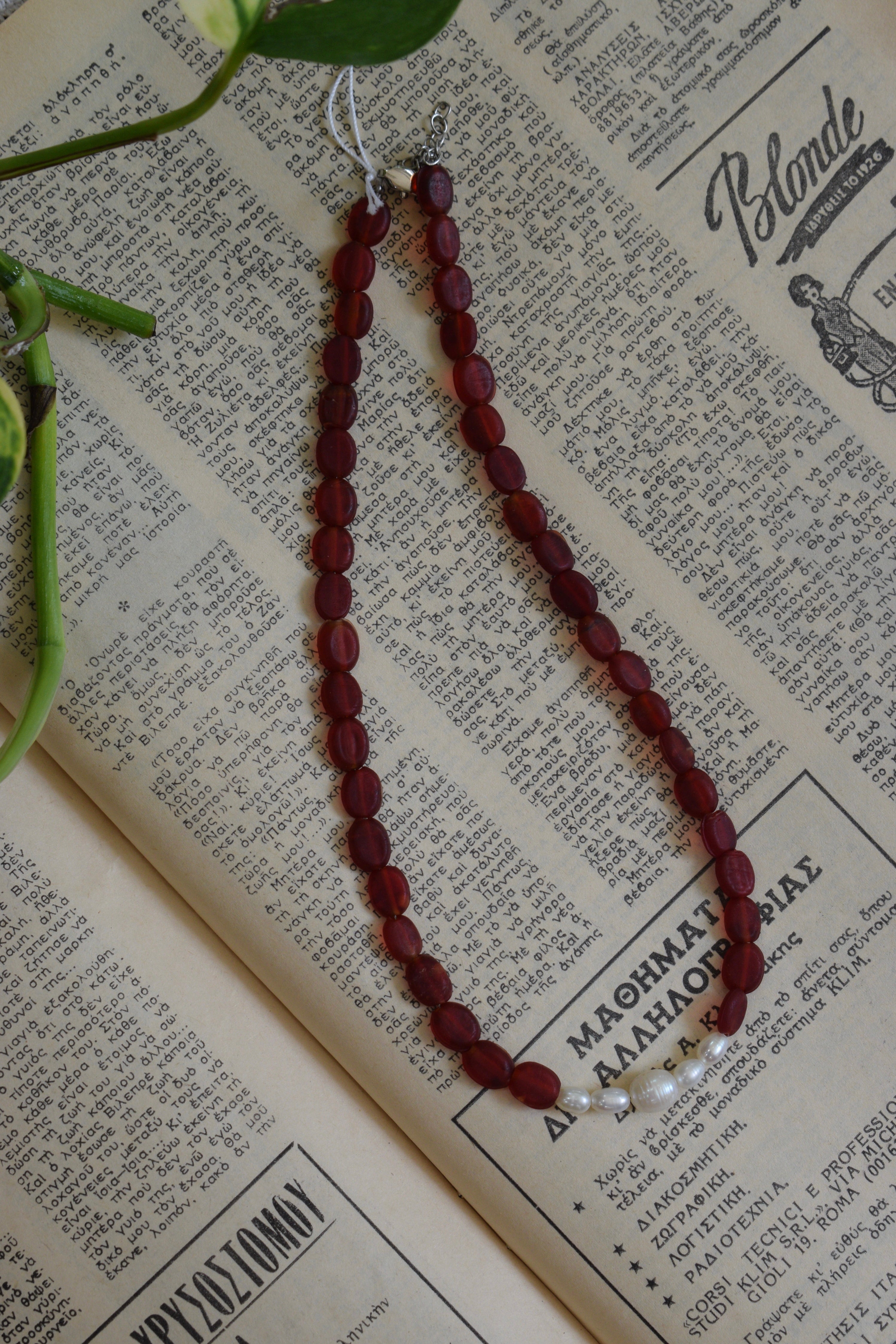 Handmade Natural Freshwater Pearl & Red Glass Bead Necklace