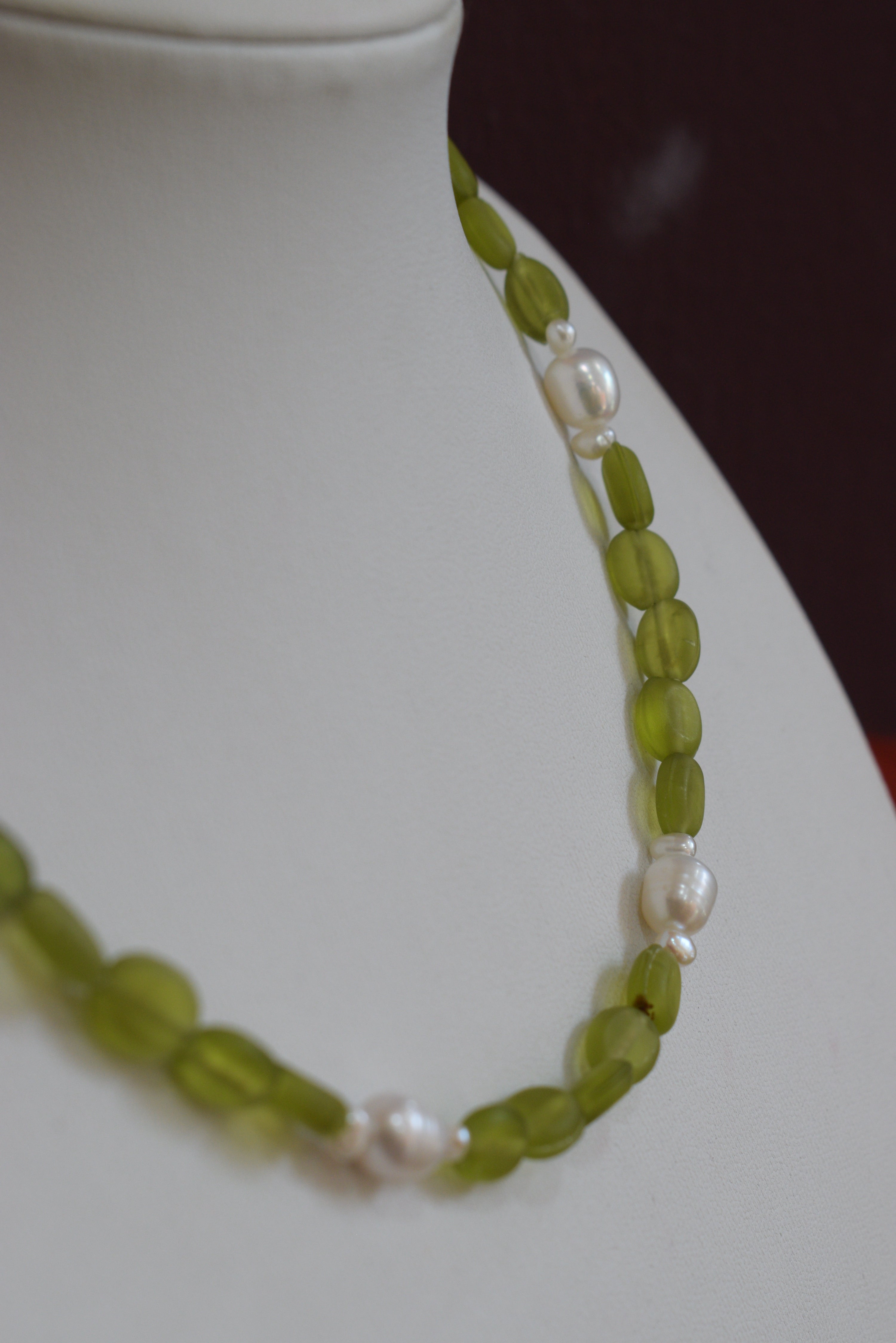 Handmade Natural Freshwater Pearl & Green Glass Bead Necklace