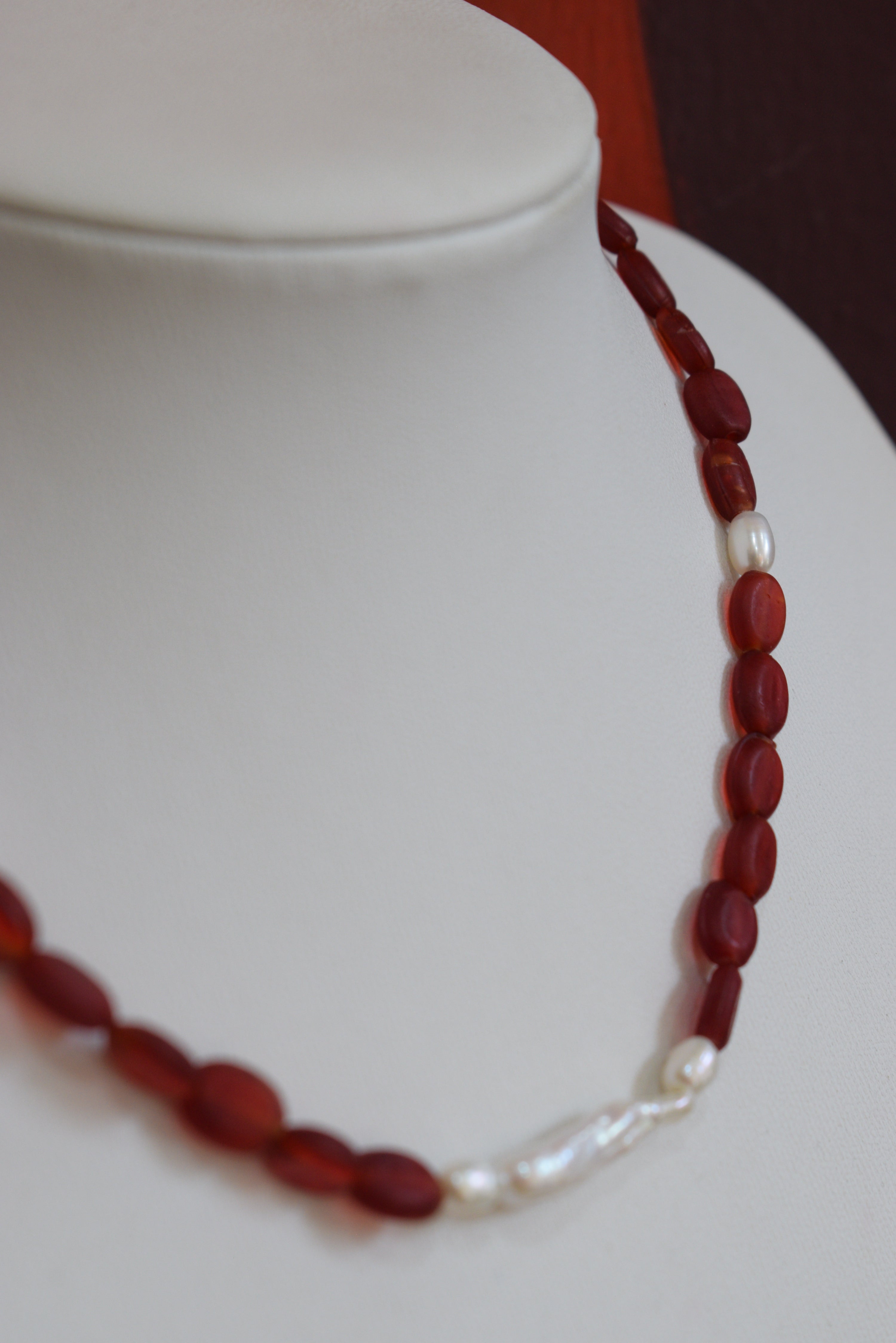 Handmade Natural Freshwater Pearl & Red Glass Bead Necklace