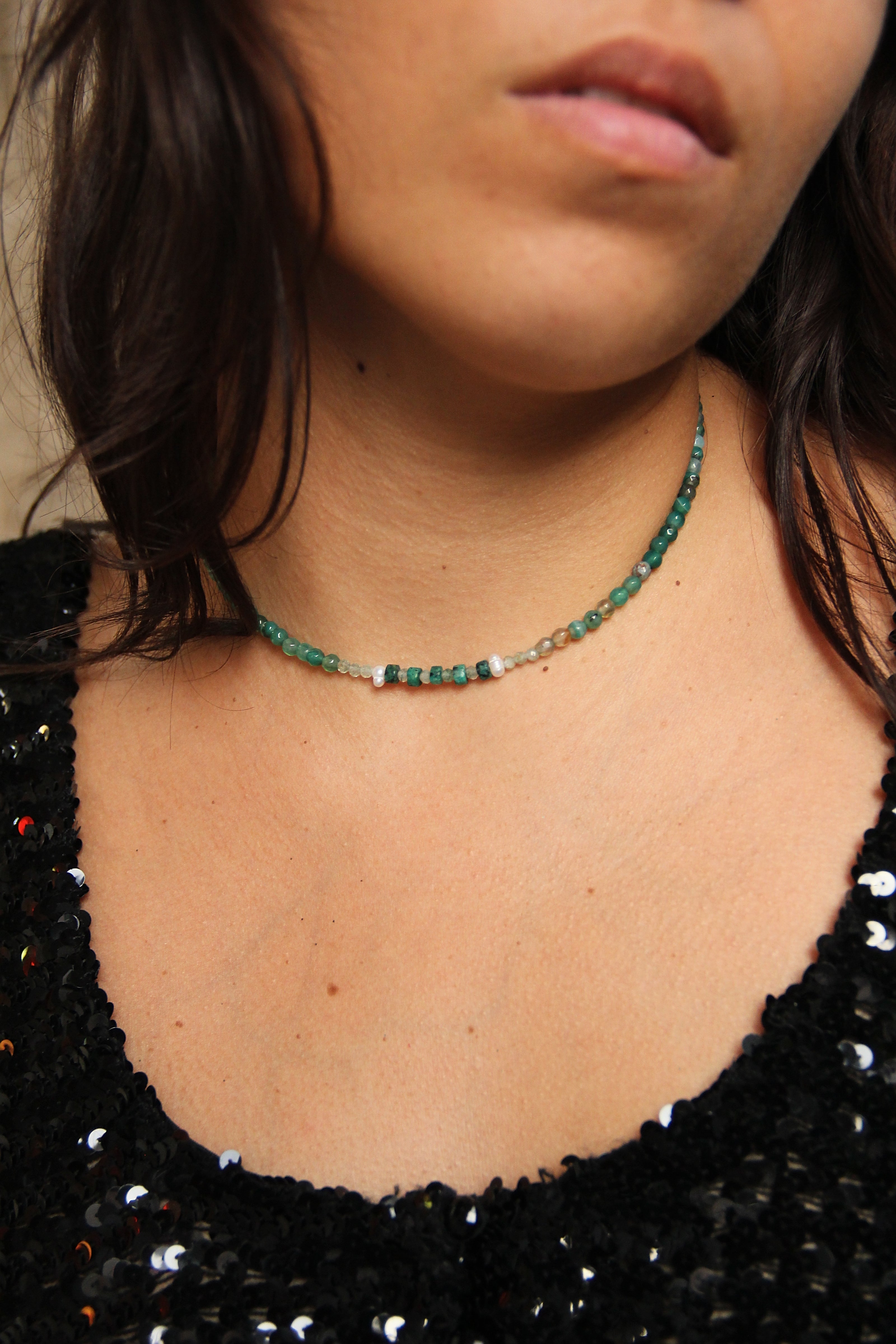 Beautiful handmade necklace with agate, dark green jasper & pearls