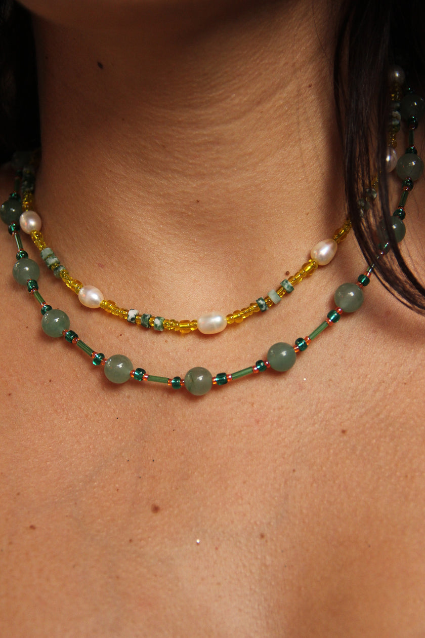 Handmade beaded necklace with natural pearls, glass & green spot jasper