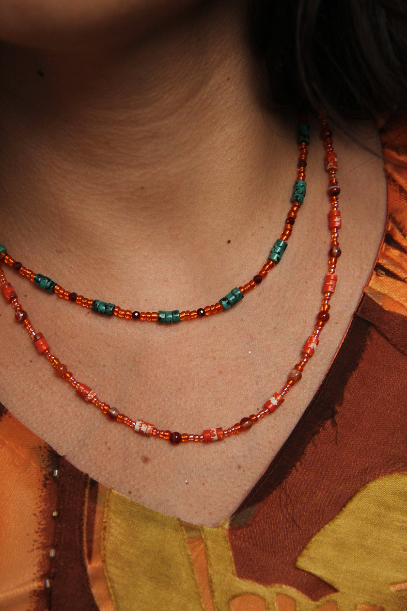 Beautiful handmade necklace with dark green jasper, zircon & glass beads