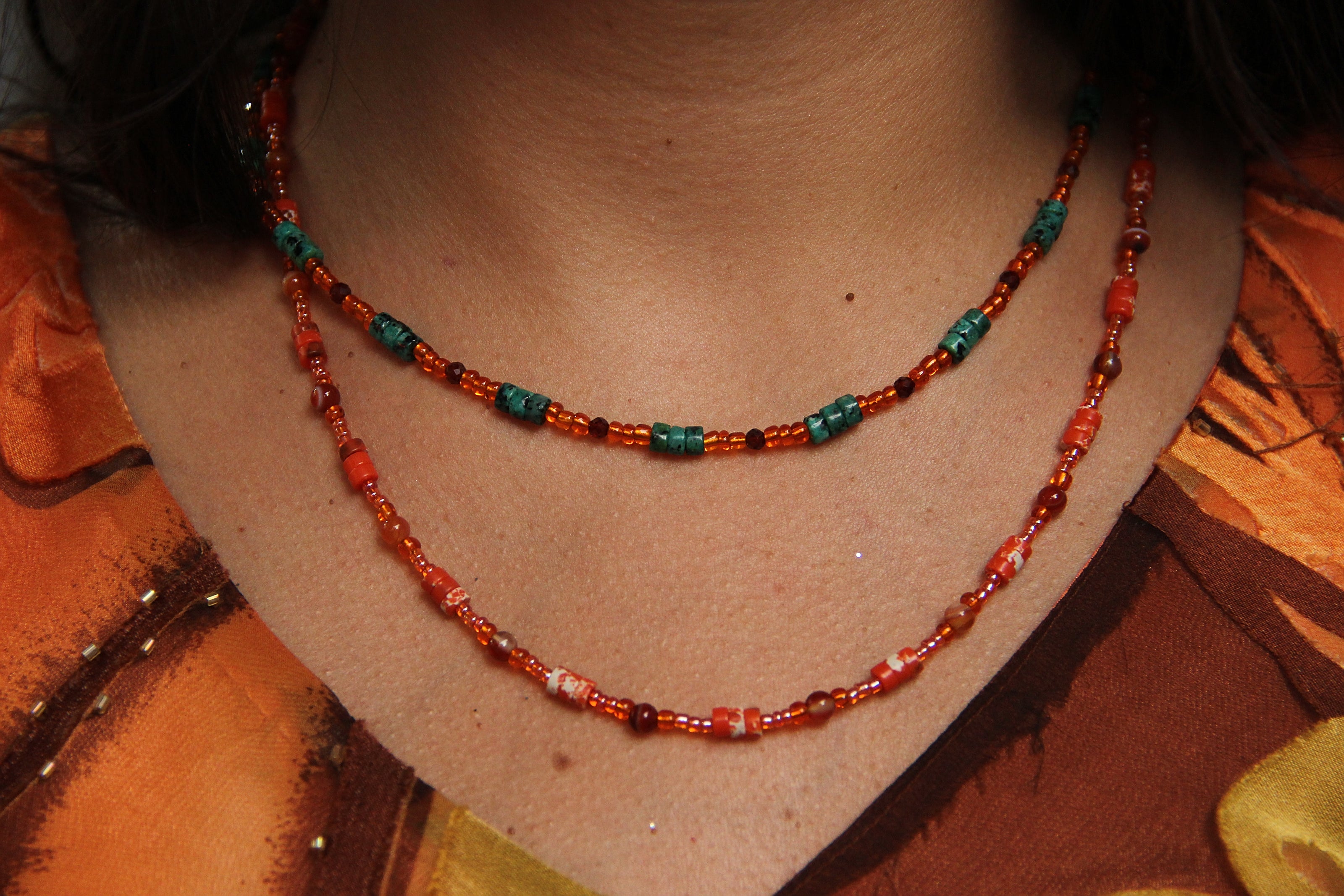 Beautiful handmade necklace with dark green jasper, zircon & glass beads