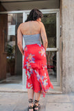 Vintage silk midi flolral skirt with ruffles (S/M)