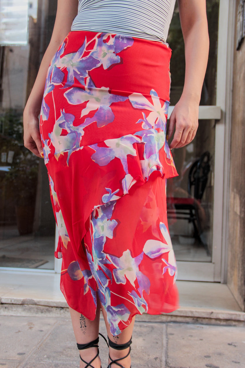 Vintage silk midi flolral skirt with ruffles (S/M)