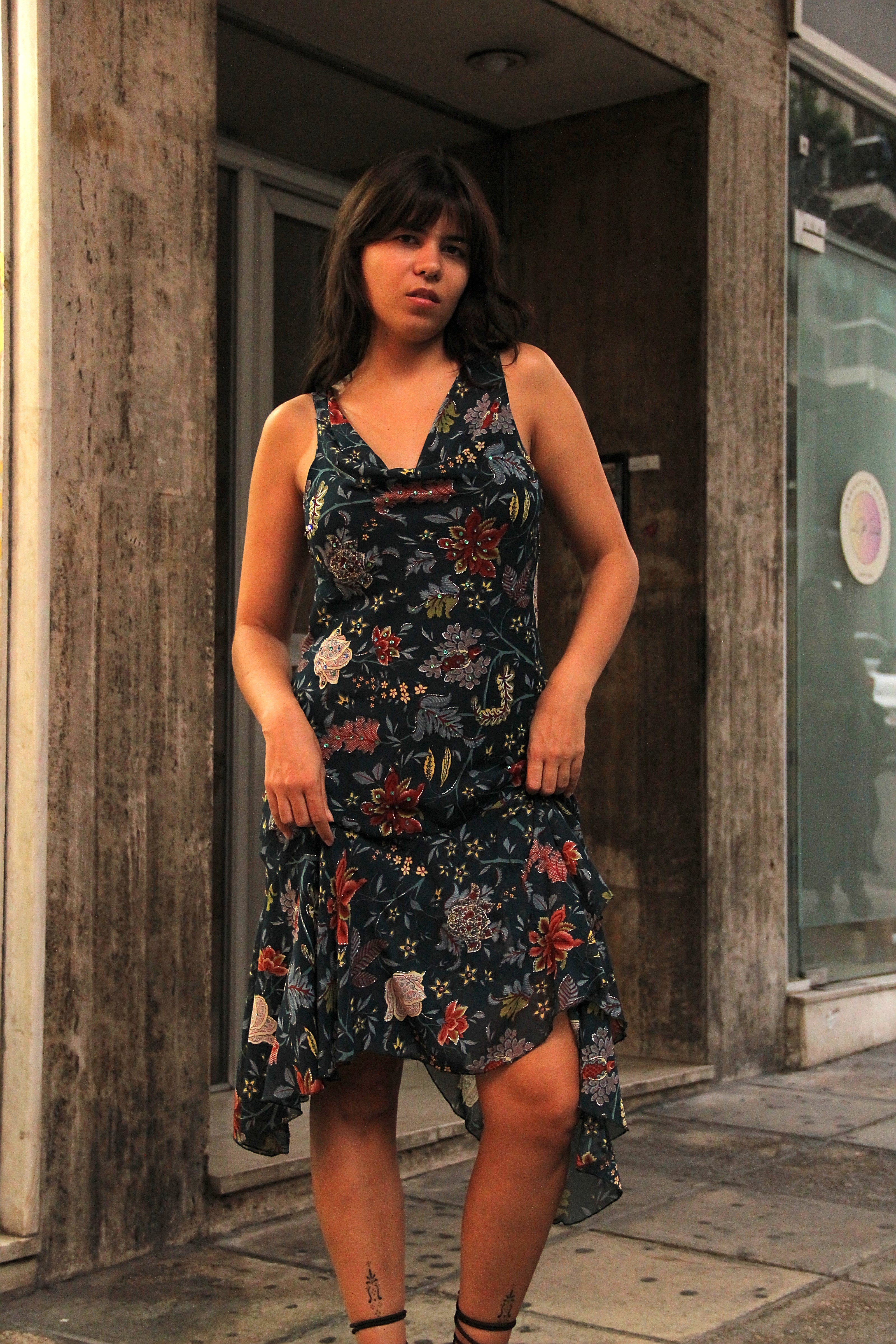 Vintage midi floral dress with beaded details (L)