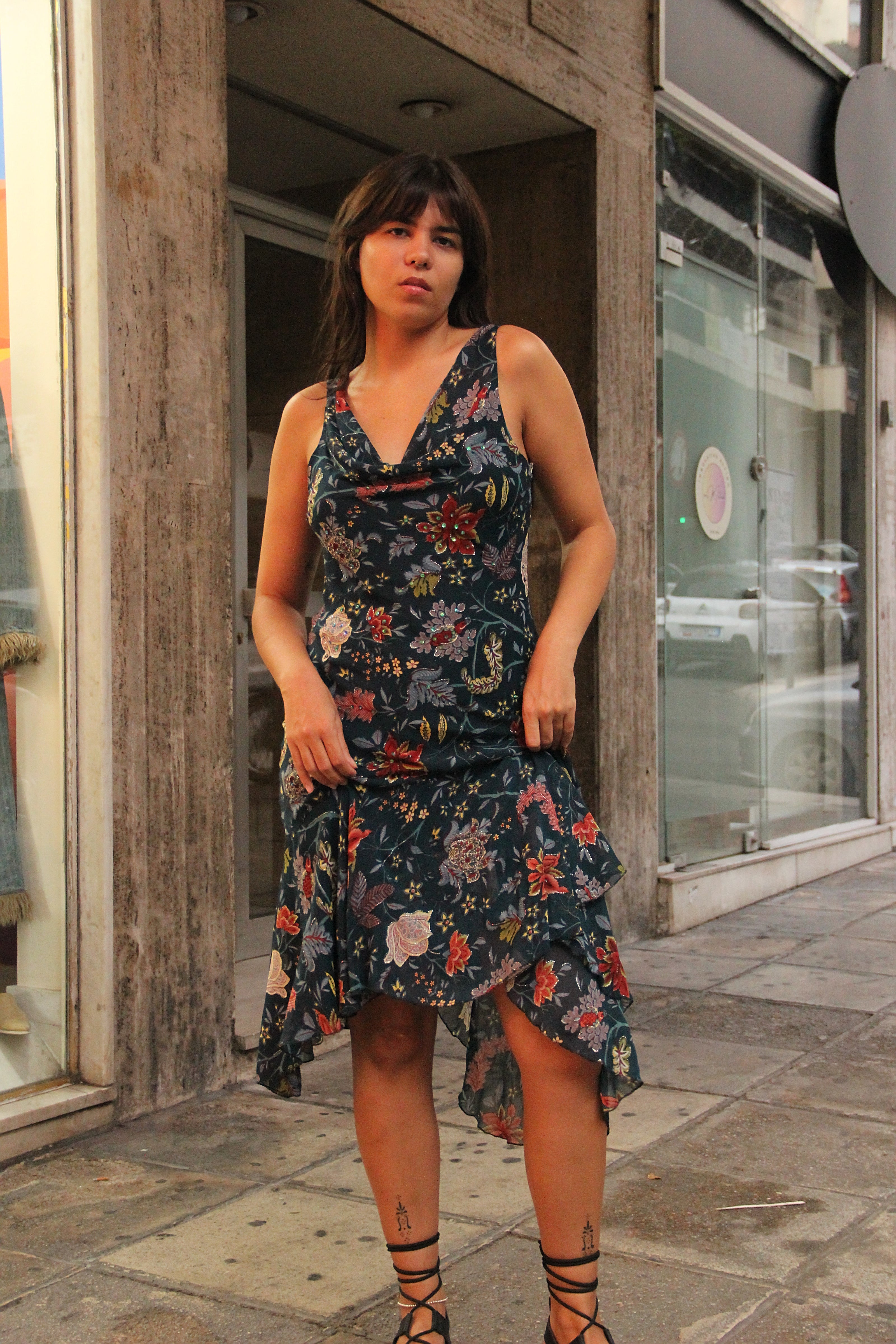 Vintage midi floral dress with beaded details (L)