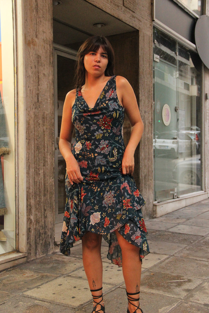 Vintage midi floral dress with beaded details (L)