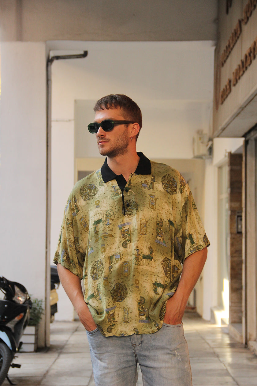 Vintage funky patterned polo shirt (L)