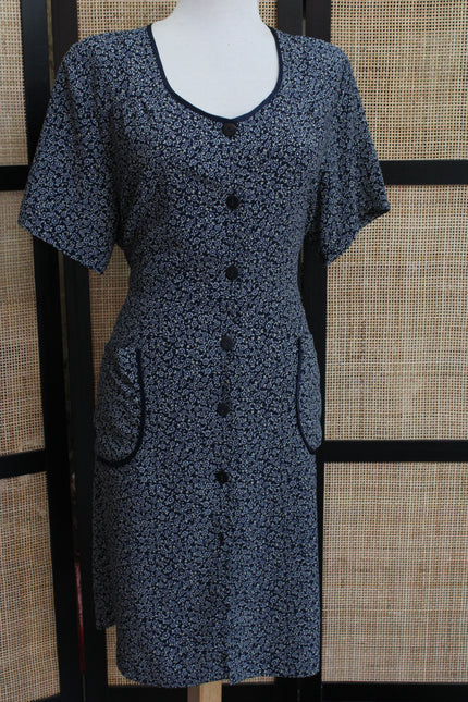 Vintage 90s Silk blend Navy Floral Button-Front Dress – Cottagecore Mini with Contrast Trim & Pockets
