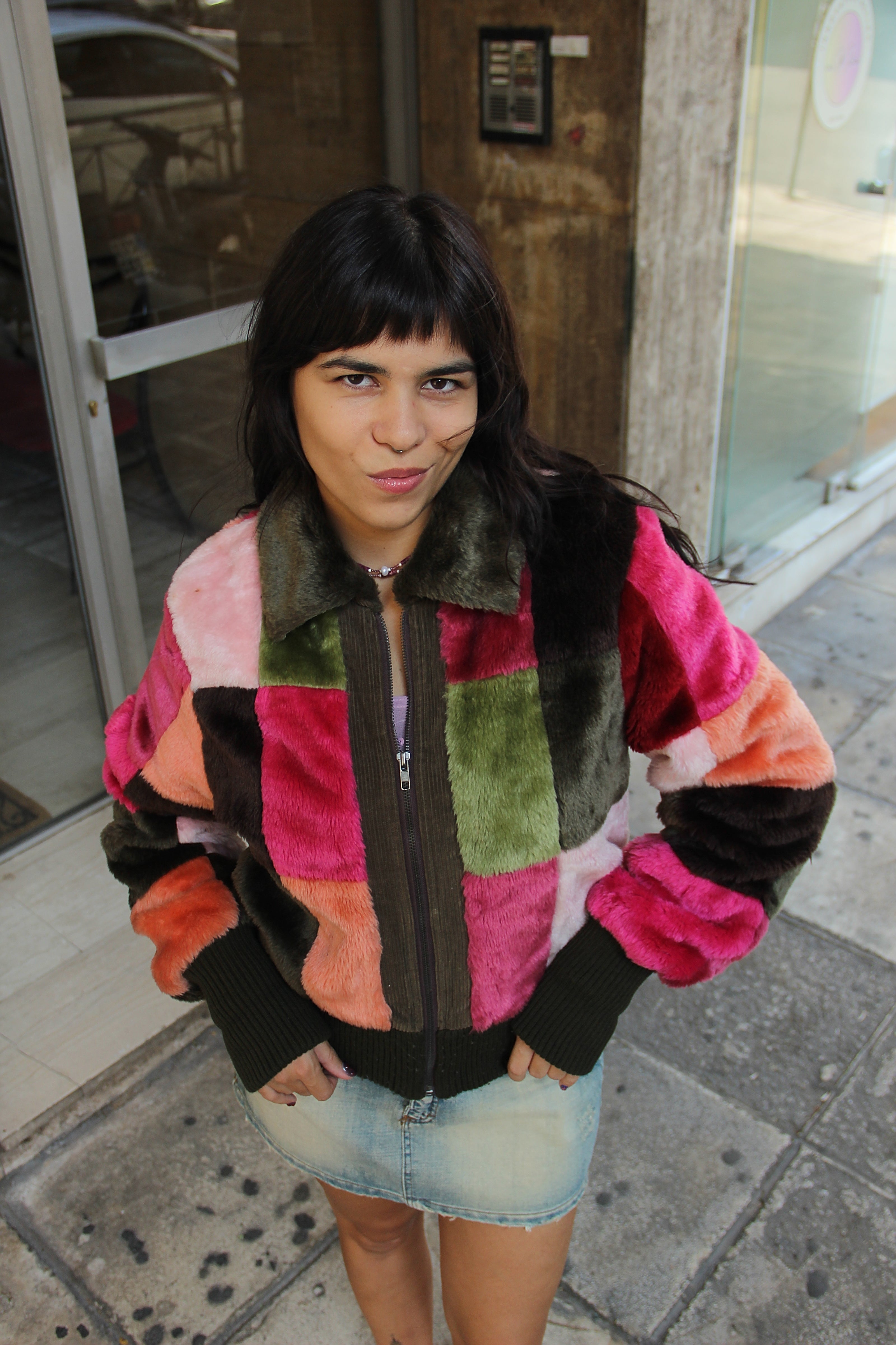 Stunning Y2K patchwork fluffy bomder jacket