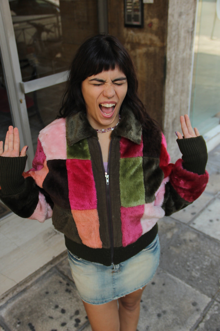 Stunning Y2K patchwork fluffy bomder jacket