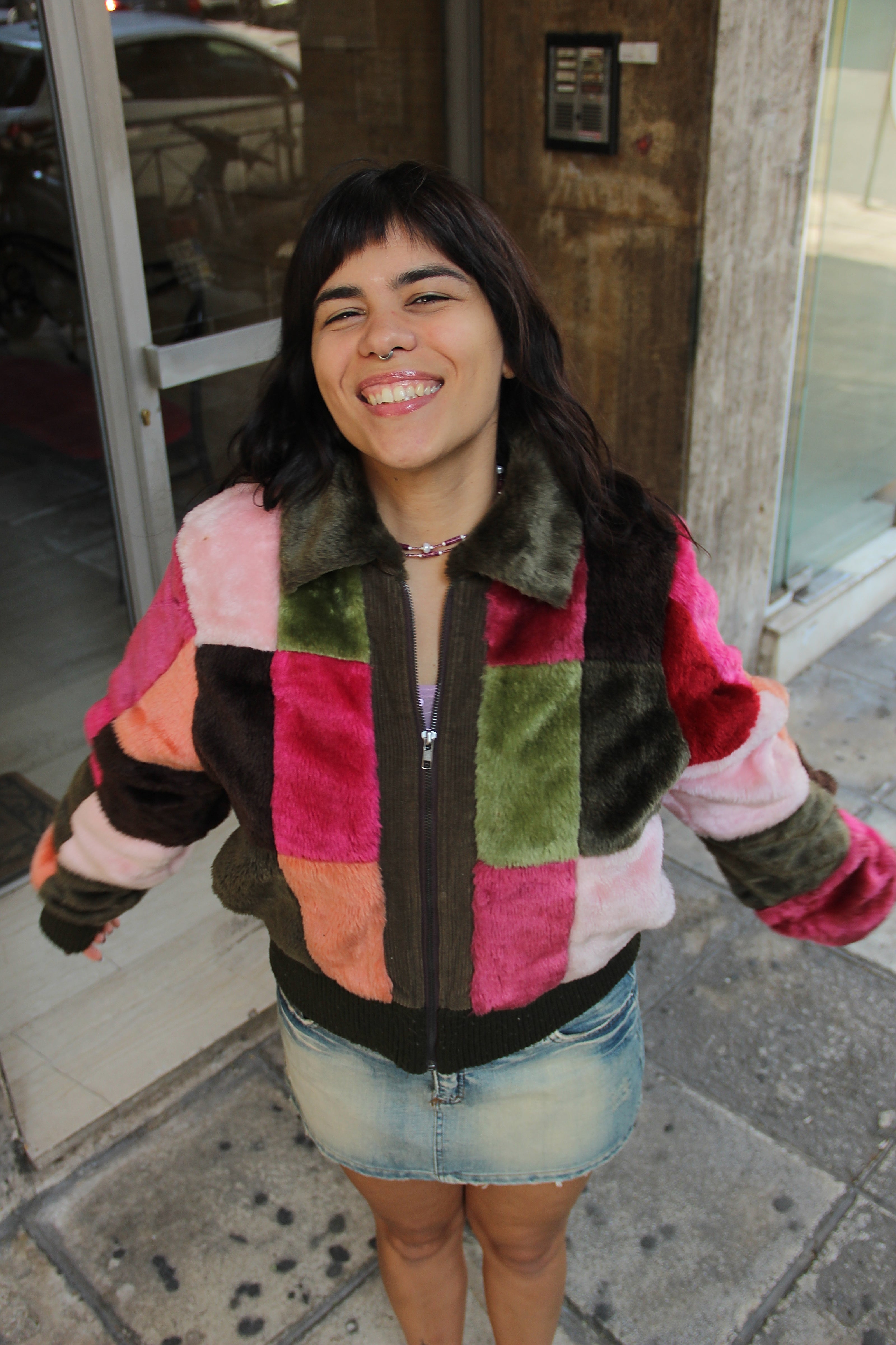 Stunning Y2K patchwork fluffy bomder jacket