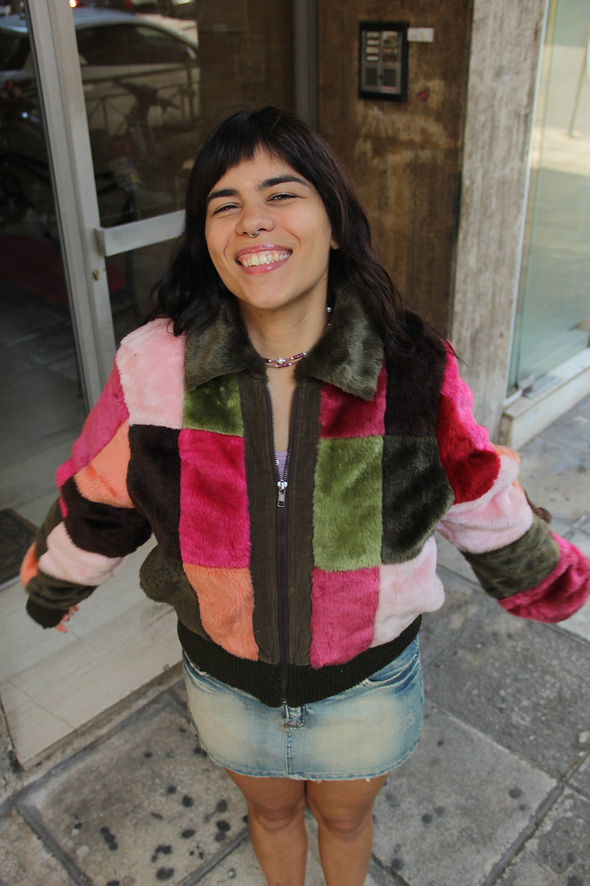 Stunning Y2K patchwork fluffy bomder jacket