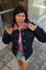 Stunning dark wash denim jacket with pink sherpa lining (M)