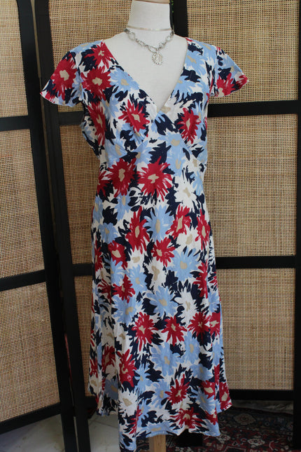 Vintage 90s 100% linen Bold Floral Wrap Dress